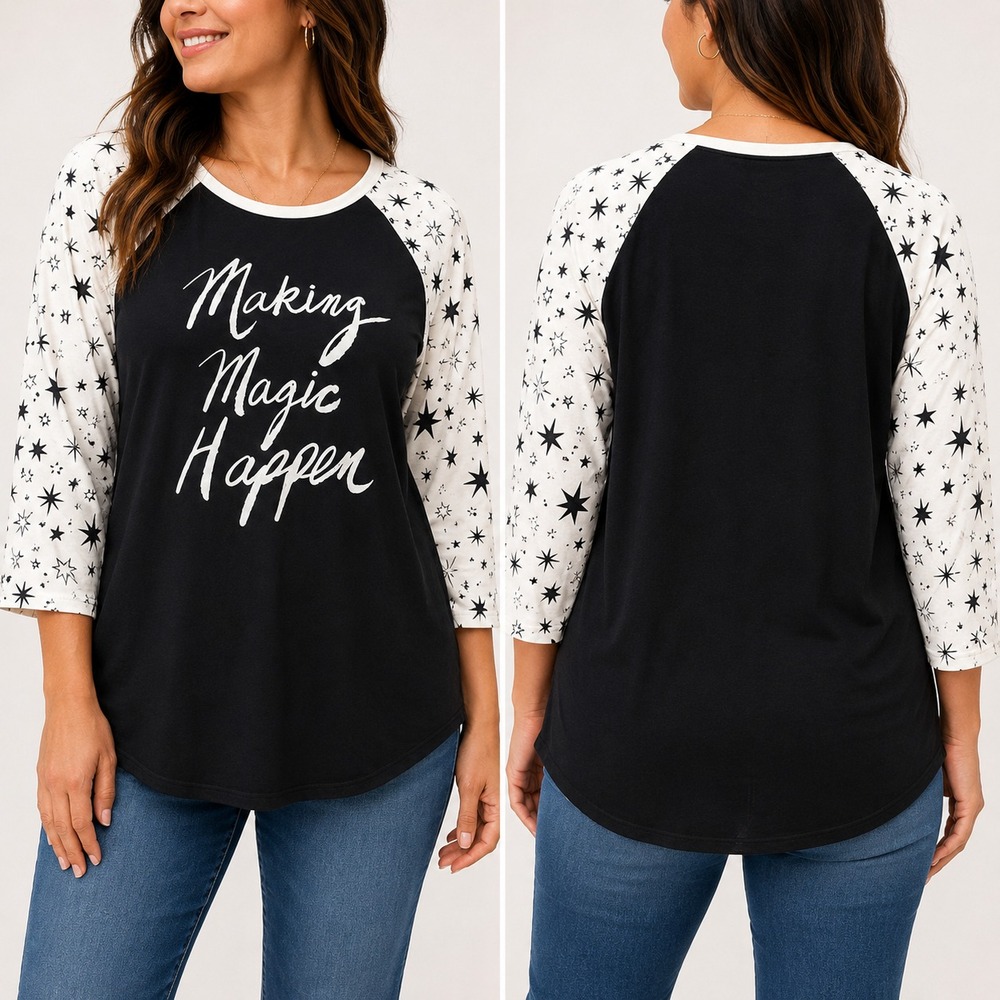 LuLaRoe Randy Making Magic Happen Graphic Raglan Top Women's Medium Black Stars